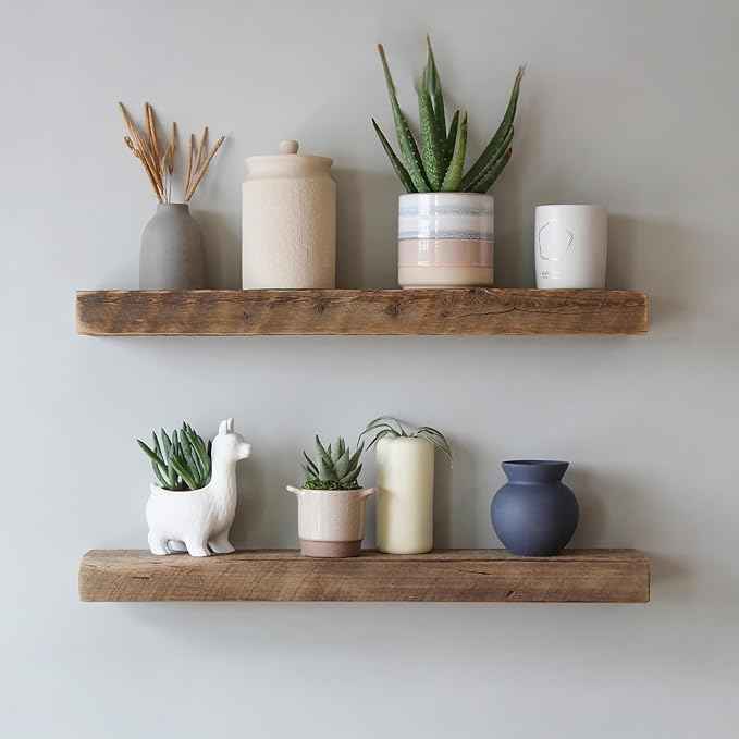 Urban Legacy Reclaimed Barnwood Planks | Floating Shelves for Wall w/Flush Mount Shelf Bracket Set Included | Set of 2 (Natural, 24