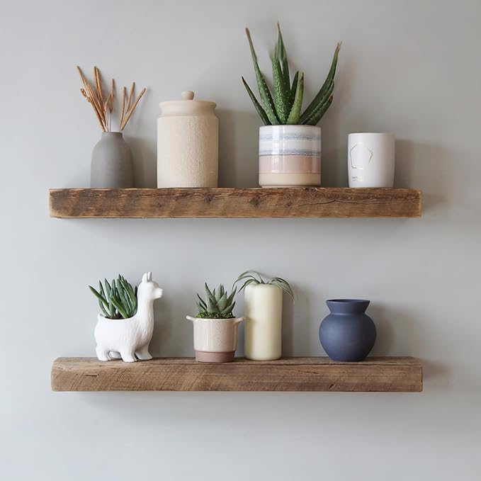Urban Legacy Reclaimed Barnwood Planks | Floating Shelves for Wall w/Flush Mount Shelf Bracket Set Included | Set of 2 (Natural, 36