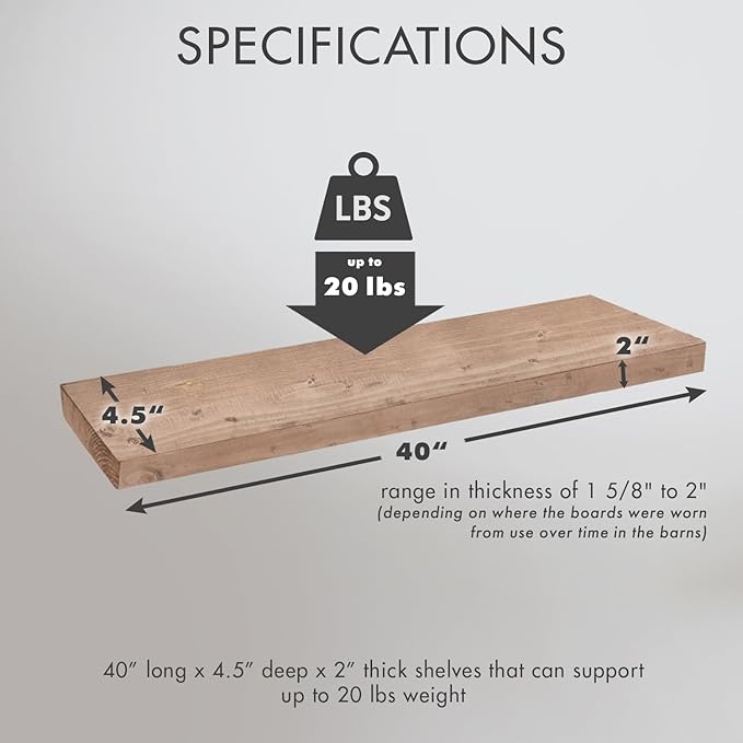 Urban Legacy Reclaimed Barnwood Planks | Floating Shelves for Wall w/Flush Mount Shelf Bracket Set Included | Set of 2 (Natural, 40