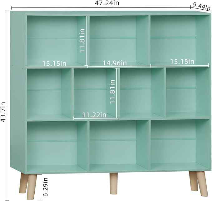 LEYAOYAO 10 Cube Bookshelf,3 Tier Modern Wide Bookcase with Legs,Mid-Century Wood Bookshelves Storage,Mint-Green Large Book Case,Freestanding Organizer Display Shelf for Bedroom,Living Room,Office