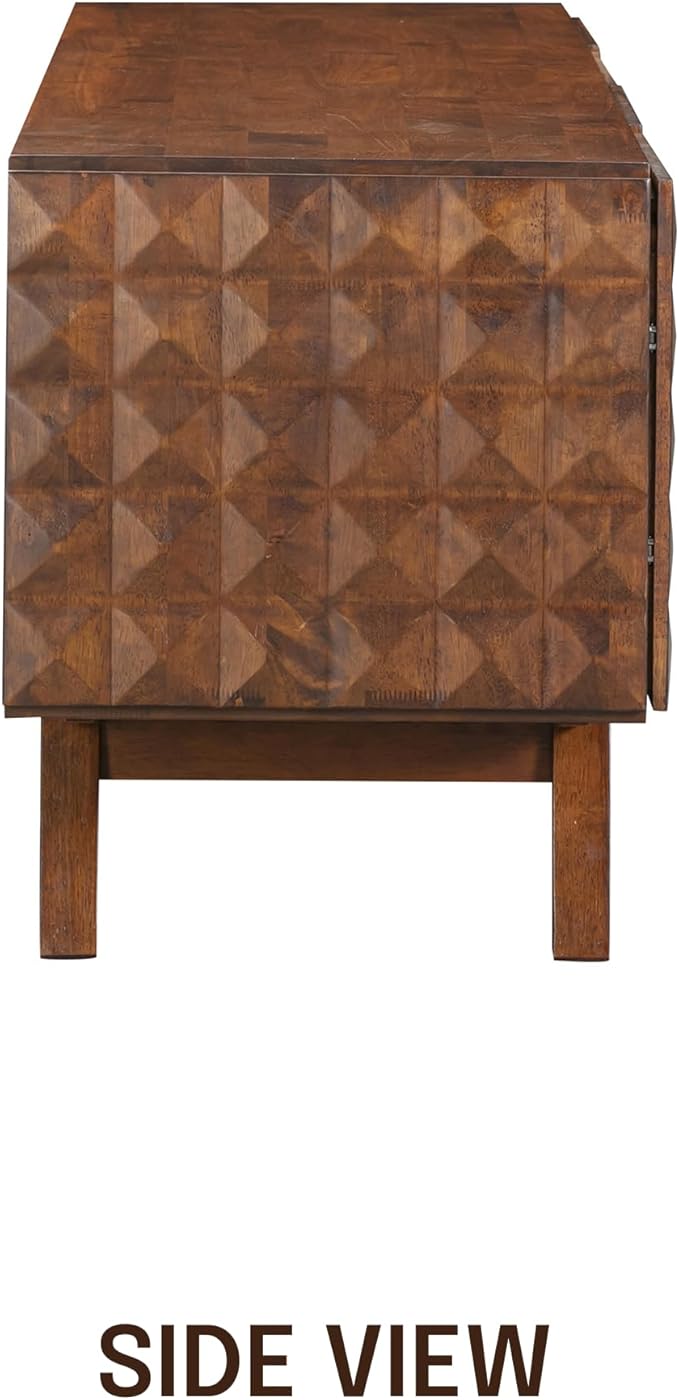 NTC Sapa Mid-Century Modern Solid Wood TV Stand 4-Door Media Console with Carved Geometric Fronts for TVs up to 75