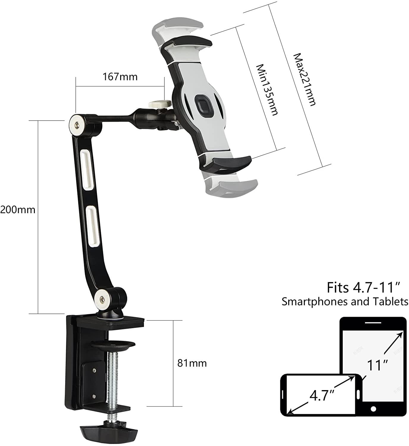 Suptek YF208B Aluminum Alloy Cell Phone Desk Mount Stand 360° Tablet Stand and Holders Adjustable for iPad, iPhone, Samsung, Asus and More 4.7-11 inch Devices, Good for Bed, Kitchen, Office