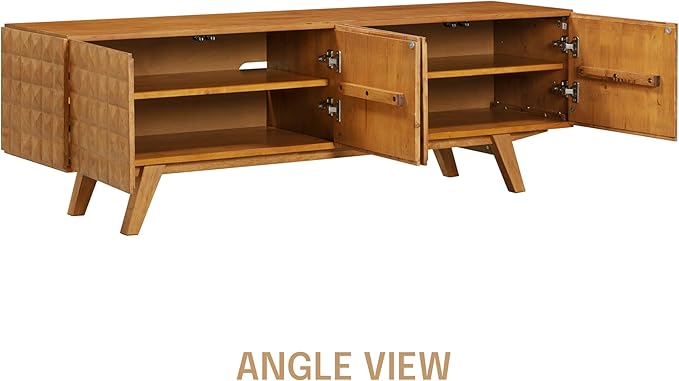 NTC Sapa Mid-Century Modern Solid Wood TV Stand 4-Door Media Console with Carved Geometric Fronts for TVs up to 75