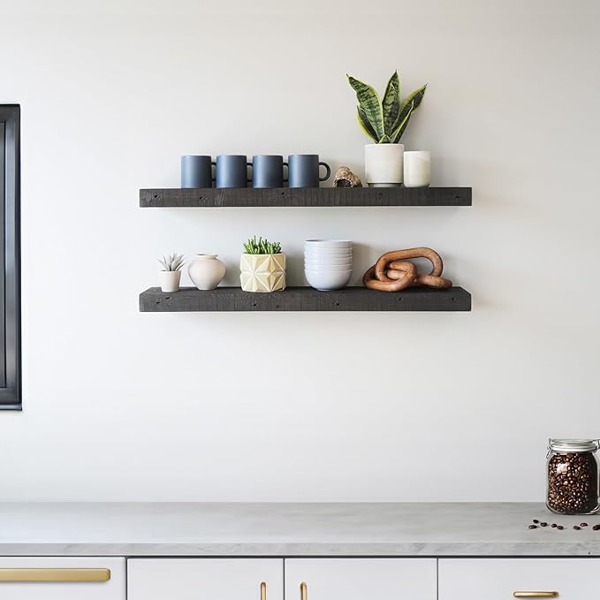Urban Legacy Reclaimed Barnwood Planks | Floating Shelves for Wall w/Flush Mount Shelf Bracket Set Included | Set of 2 (Coffee Bean, 24