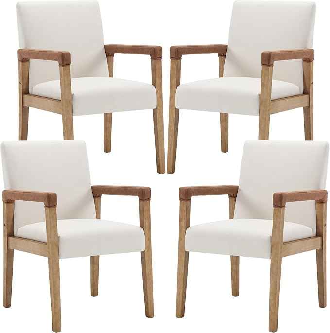 Mid Century Modern Dining Chairs Set of 4 Fabric Upholstered Living Room Side Chair, Kitchen Arm Chair with Solid Wood Legs for Home Restaurant, Linen White