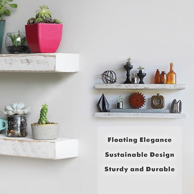 Urban Legacy Reclaimed Barnwood Planks | Floating Shelves for Wall w/Flush Mount Shelf Bracket Set Included | Set of 2 (White Wash, 30