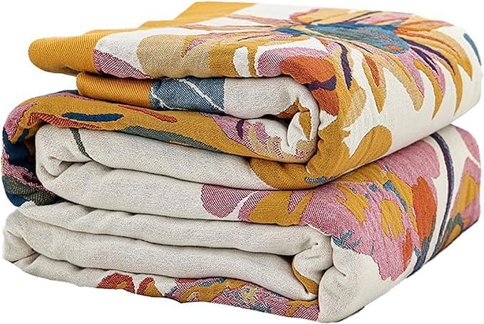Boho Throw Blanket for Bed,100% Cotton Breathable Muslin Soft Throw, Fall Bed Throw Blanket Floral Bird Butterfly Printed Decor Large Blankets,80
