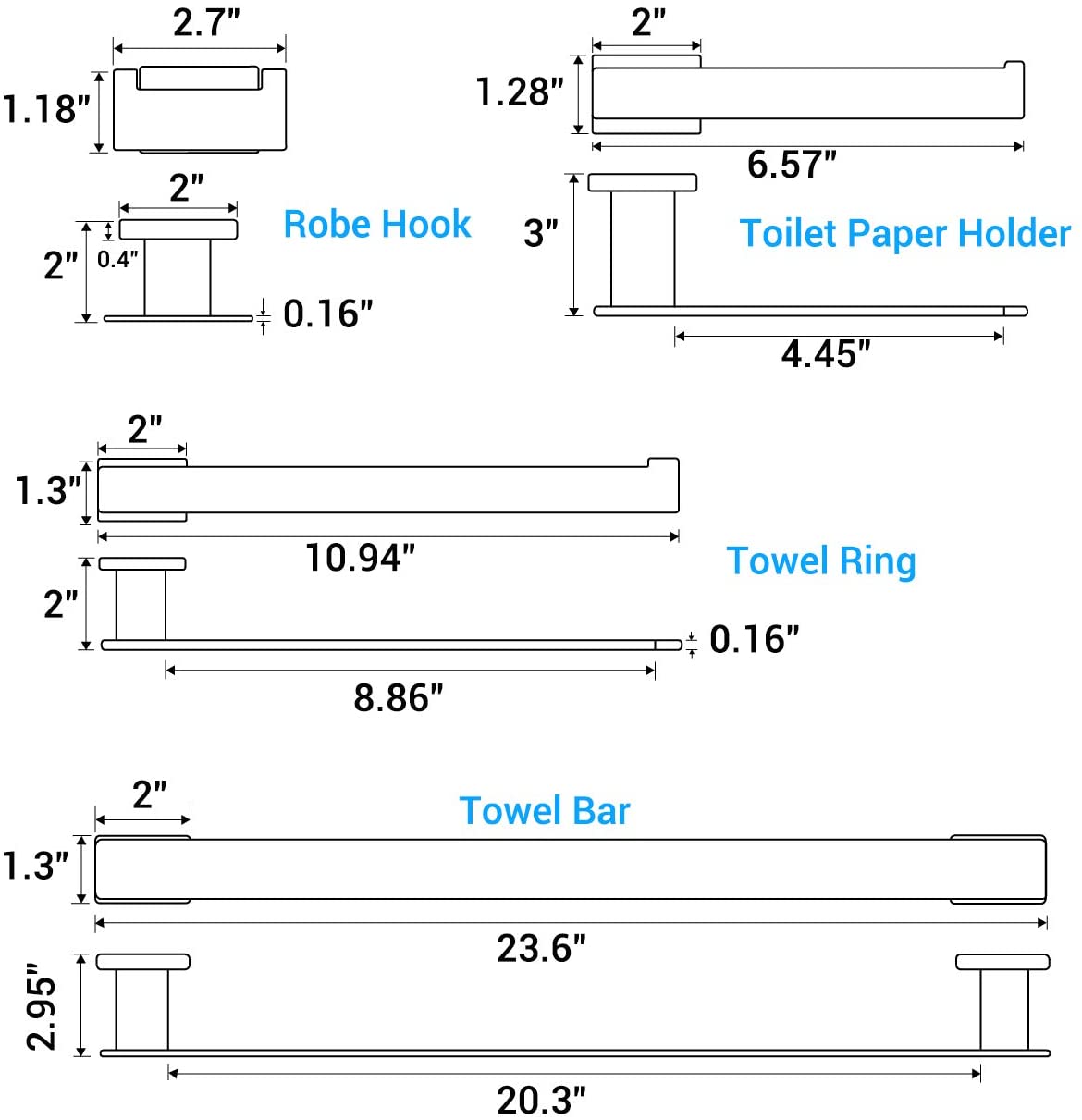 4-Piece Brass Brushed Nickel Bathroom Hardware Set - Towel Bar, Towel Holder, Toilet Paper Holder, Robe Hook, and Tower Holder - Wall Mounted