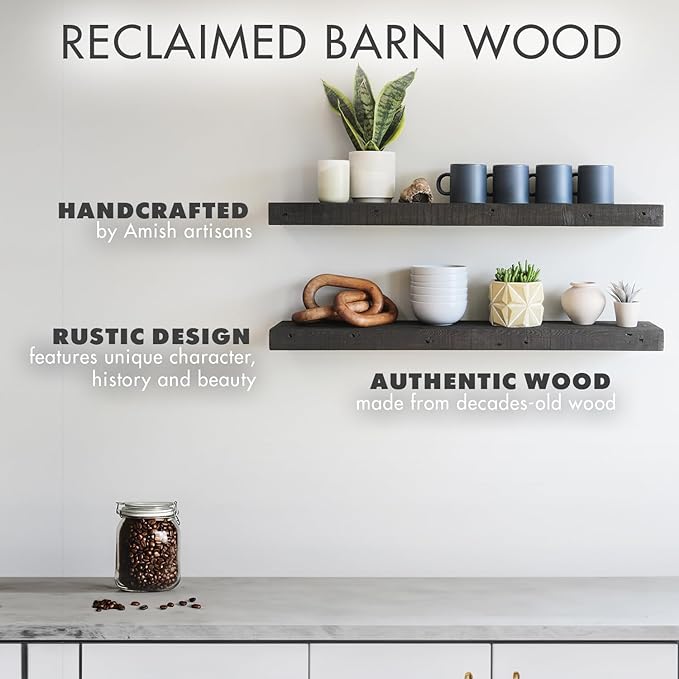 Urban Legacy Reclaimed Barnwood Planks | Floating Shelves for Wall w/Flush Mount Shelf Bracket Set Included | Set of 2 (Coffee Bean, 30