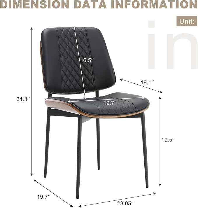 BV Dining Chairs Set of 6, PU Leather Armless Kitchen Chair in Modern Walnut Style, Mid Century Bentwood Side Chair with Metal Legs, Retro Accent Guest Chair for Kitchen Dining Room(Black)