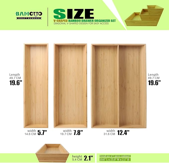 V-Shaped Bamboo Drawer Organizer Set of 3, Kitchen Large and Long Utensil Plate, Flatware & Silverware Storage Box, Wood Drawer Organizer for Bedroom, Living Room (19.6