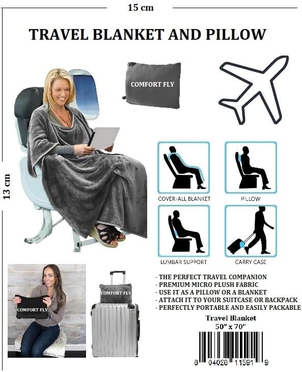 Comfort Fly Travel Blanket & Pillow – 2-in-1 Micro Plush Airplane Blanket with Carry Case (40