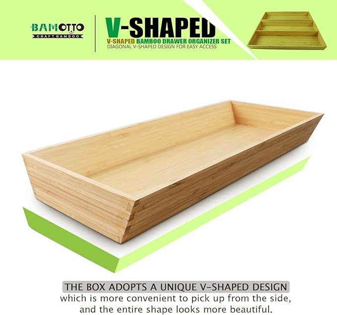 2-Piece V-Shaped Bamboo Drawer Organizer - Ideal for Kitchen's Large Long Tableware, Cooking Utensils, Flatware, Silverware - Wood Storage Box for Home, Bedroom, Bathroom (19.6