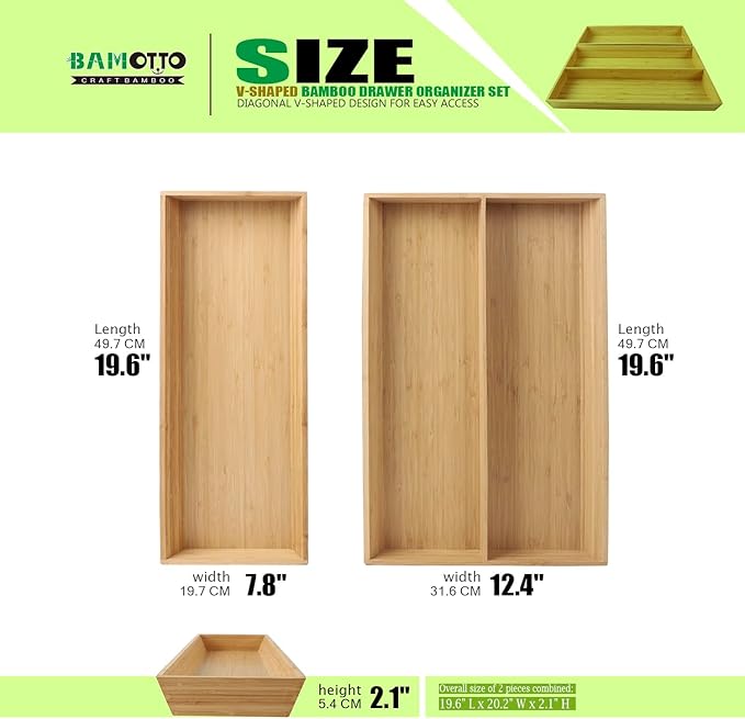 2-Piece V-Shaped Bamboo Drawer Organizer - Ideal for Kitchen's Large Long Tableware, Cooking Utensils, Flatware, Silverware - Wood Storage Box for Home, Bedroom, Bathroom (19.6