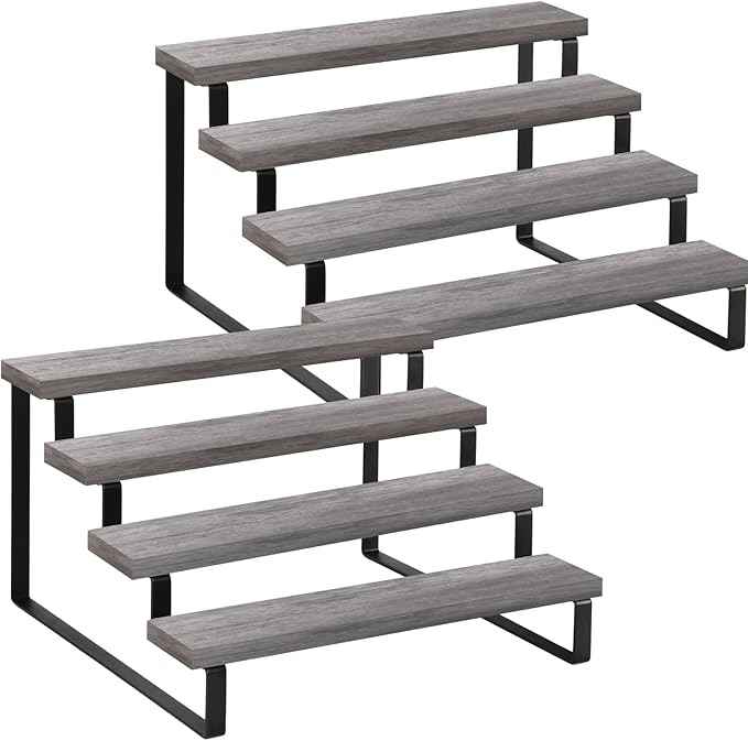 YINMIT Wooden Display Riser Stand, Tiered Perfume and Cologne Organizer Stand, 4 Tier Spice Rack Organizer, Rustic Display Shelf for Candles (4 Tier,2Pack,Grey)