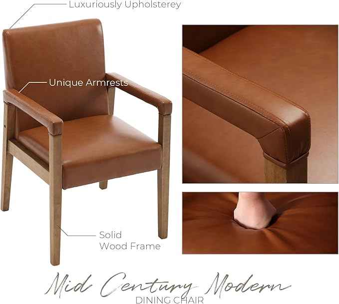 Mid Century Modern Dining Chairs Set of 2 Faux Leather Upholstered Living Room Side Chair, Kitchen Arm Chair with Solid Wood Legs for Home Kitchen & Restaurant, PU Brown