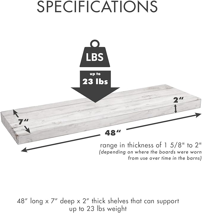 Urban Legacy Reclaimed Barnwood Planks | Floating Shelves for Wall w/Flush Mount Shelf Bracket Set Included | Set of 2 (White Wash, 48