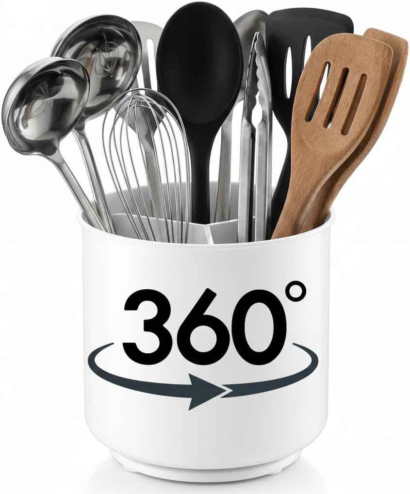 Cooler Kitchen Extra Large and Sturdy Rotating Utensil Holder Caddy with No-Tip Weighted Base, Removable Divider, and Gripped Insert | Rust Proof and Dishwasher Safe