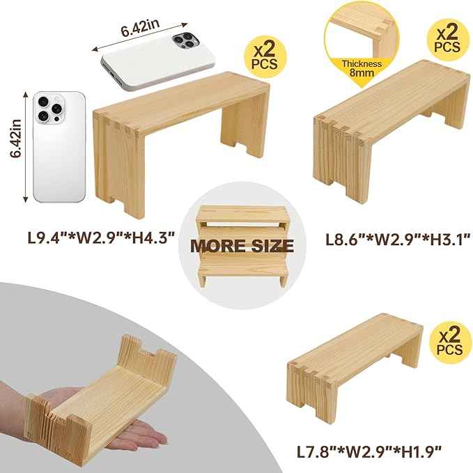 Display Wood Risers Wooden Stand 3 Tier Wood Racks Decorative Rectangular, 2 Set 6 Piece Cupcake Stands Cologne Perfume Organizer Dessert Showcase(Nature)