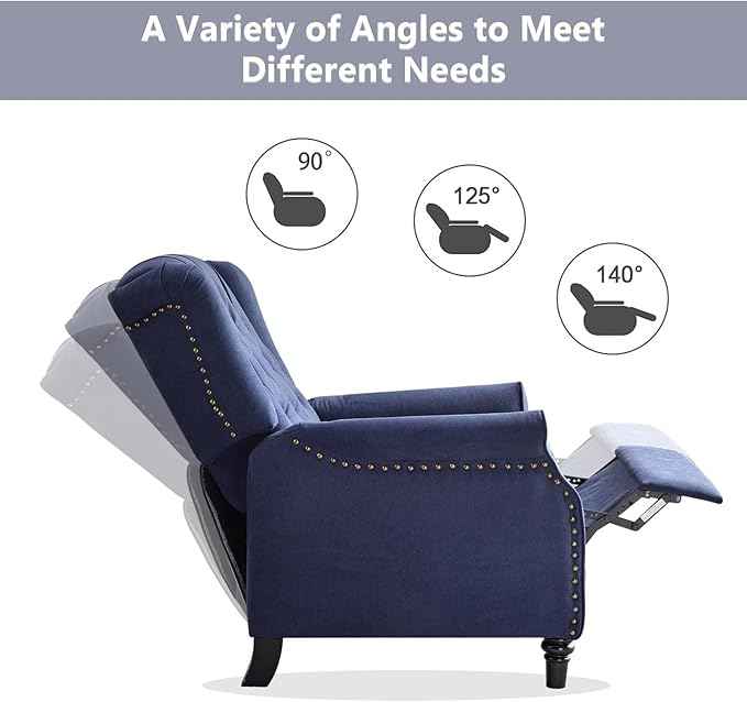 CANMOV Push Back Recliner Chair,Accent Chair, Mid Century Wingback Recliner, Fabric Push Back Recliner Chair Single Armchair Sofa with Rivet Decoration, Button-Tufted Back for Living Room,Dark Blue