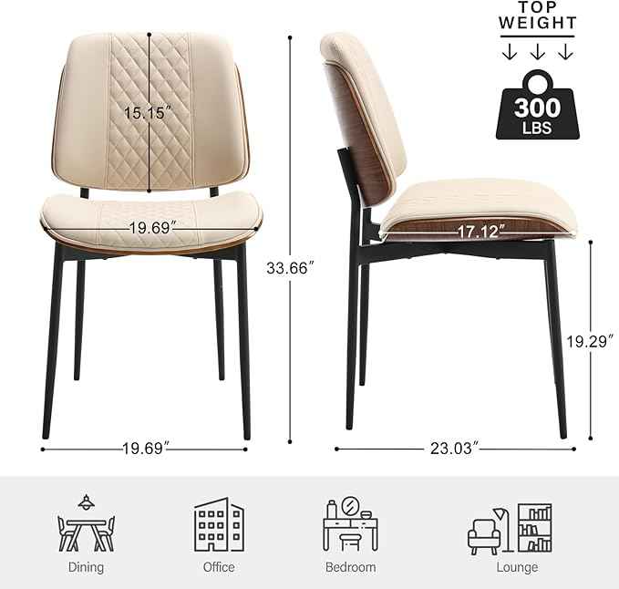 BV Dining Chairs Set of 2, PU Leather Armless Kitchen Chair in Modern Walnut Style, Mid Century Bentwood Side Chair with Metal Legs, Retro Accent Guest Chair for Kitchen Dining Room(Beige)