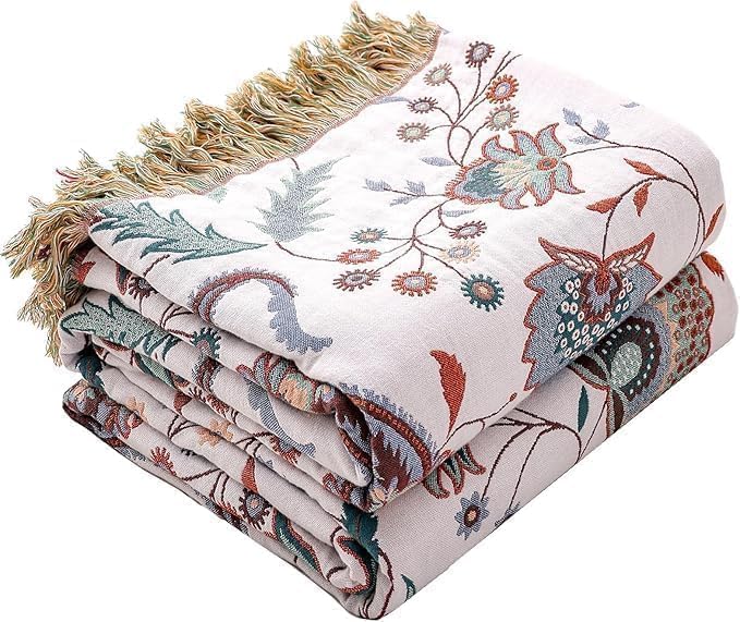 Boho Throw Blanket for Bed,100% Ultra Cotton Soft Breathable Bed Throw Floral Printed Farmhouse Decor Rustic Bed Throws for Couch Sofa Quilt White Flowers 60