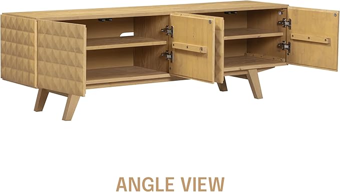 NTC Sapa Mid-Century Modern Solid Wood TV Stand 4-Door Media Console with Carved Geometric Fronts for TVs up to 75