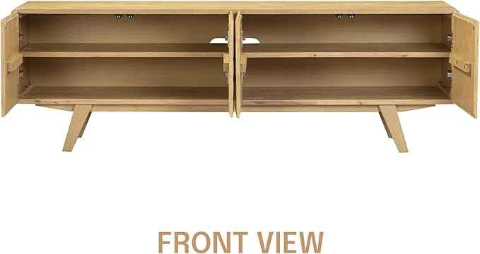 NTC Sapa Mid-Century Modern Solid Wood TV Stand 4-Door Media Console with Carved Geometric Fronts for TVs up to 75", Effortless Assembly, Sand