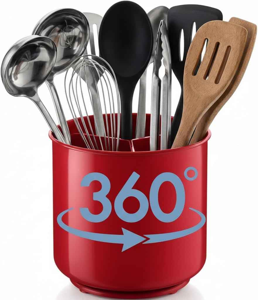 Cooler Kitchen Extra Large and Sturdy Rotating Utensil Holder Caddy with No-Tip Weighted Base, Removable Divider, and Gripped Insert | Rust Proof and Dishwasher Safe