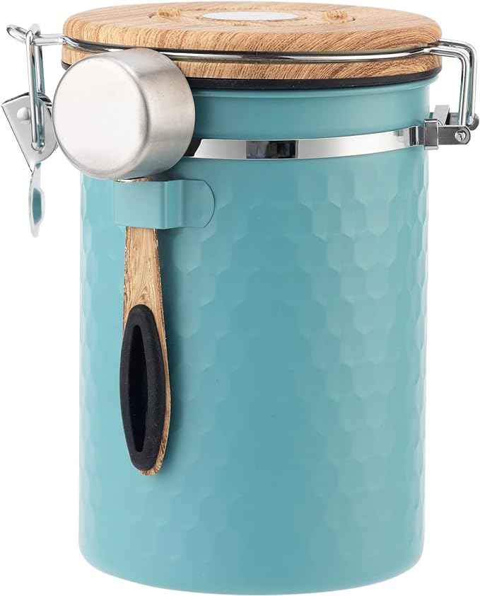 TEDSWAIT Coffee Canisters Airtight Coffee Bean Storage Container Kitchen Stainless Steel Food Storage Container with Scoop Date Tracker & CO2 Valve 61Fl Oz (Lake Blue)