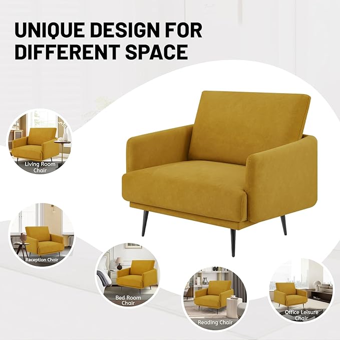 Oversized Accent Chair for Living Room Chairs Reading Arm Chair Comfy Modern Single Sofa Side Chairs with Metal Legs & Soft Cushion for Bedroom, Balcony,Waiting Room (Amber Yellow-1pcs)