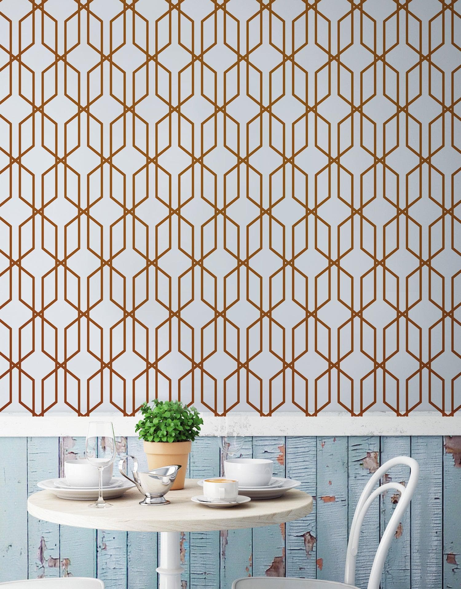 Modern Geometric Shape 3D Hexagon Bronze Lines Peel and Stick Wallpaper | Removable Wall Mural #6213