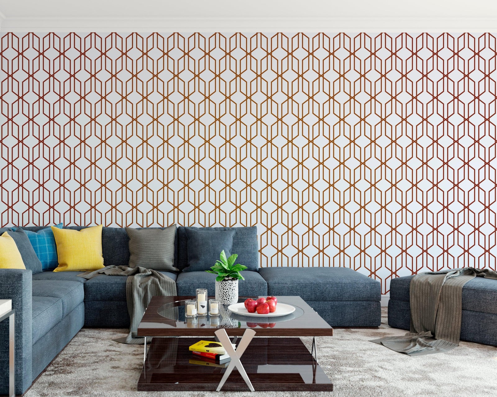 Modern Geometric Shape 3D Hexagon Bronze Lines Peel and Stick Wallpaper | Removable Wall Mural #6213