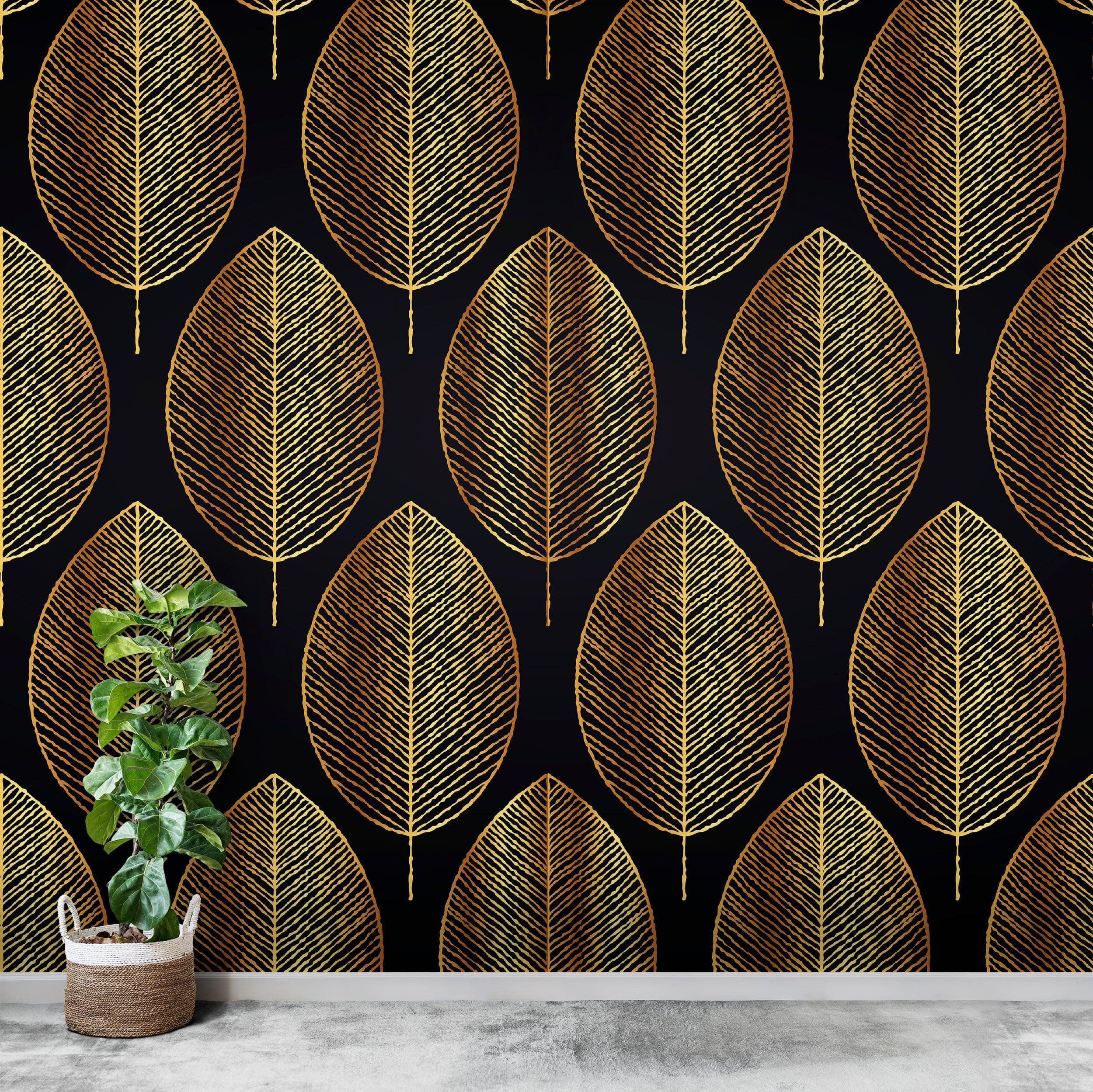 Gold Leave Autumn Pattern Peel and Stick Wallpaper | Removable Wall Mural #6217