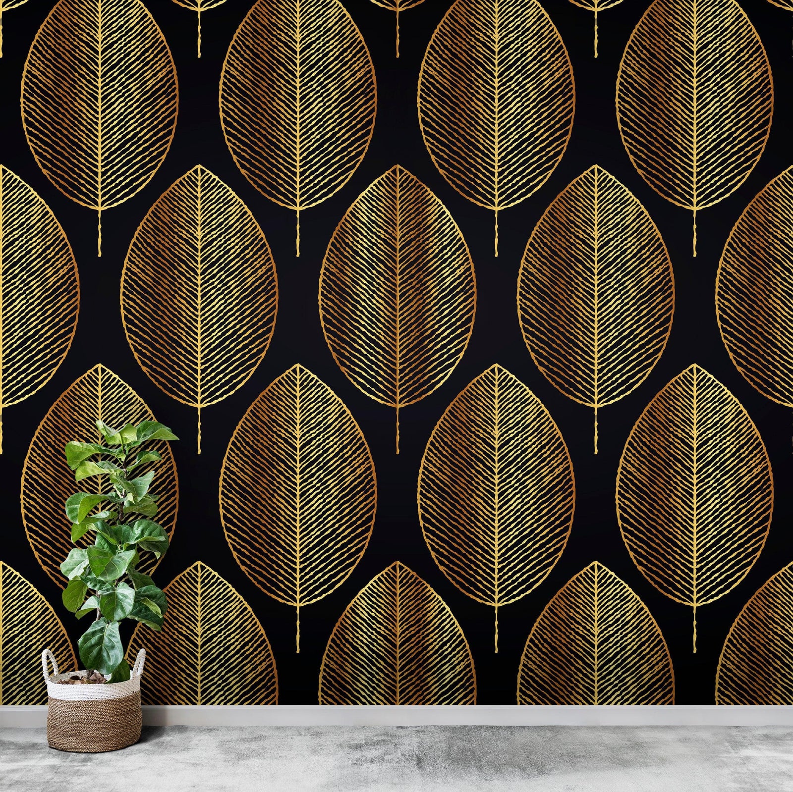 Gold Leave Autumn Pattern Peel and Stick Wallpaper | Removable Wall Mural #6217