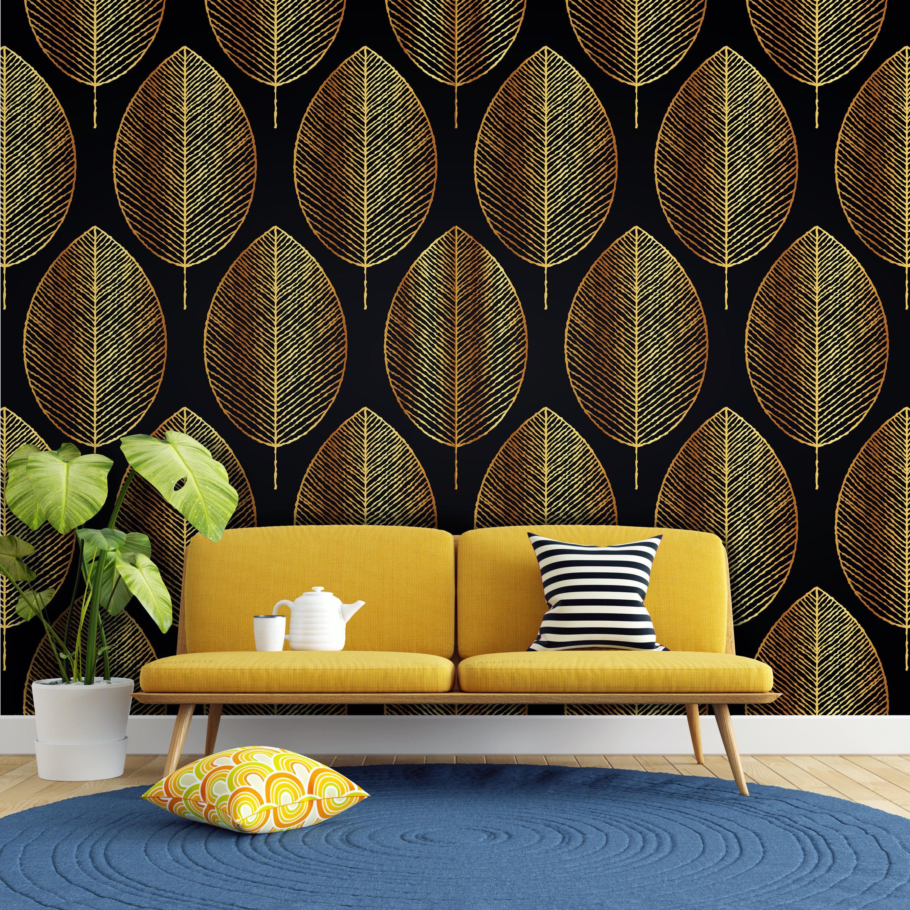 Gold Leave Autumn Pattern Peel and Stick Wallpaper | Removable Wall Mural #6217