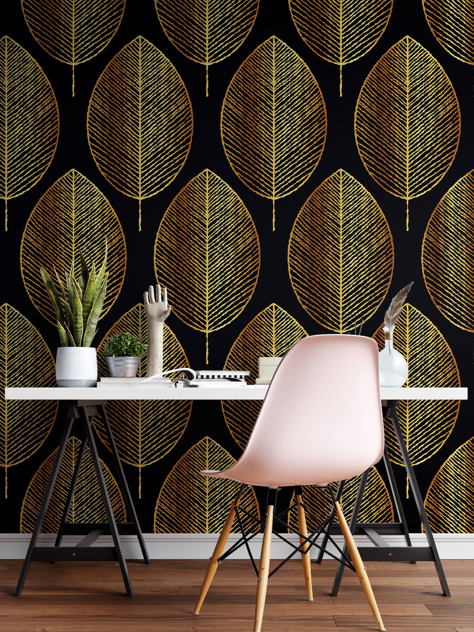 Gold Leave Autumn Pattern Peel and Stick Wallpaper | Removable Wall Mural #6217