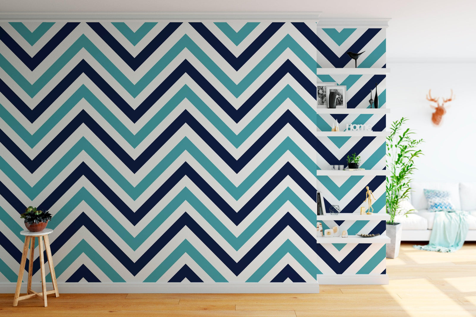 Seaside Chic Decor. Navy Blue and Teal Chevron Pattern Wallpaper. #6222