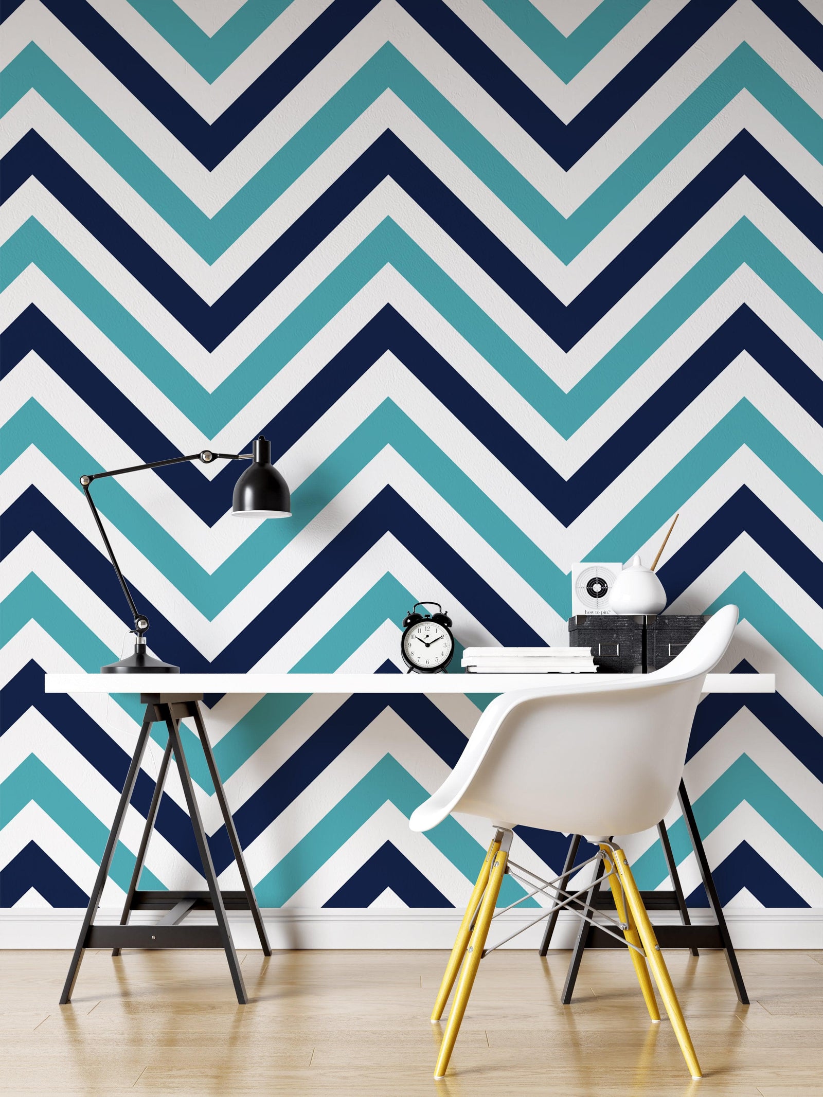 Seaside Chic Decor. Navy Blue and Teal Chevron Pattern Wallpaper. #6222