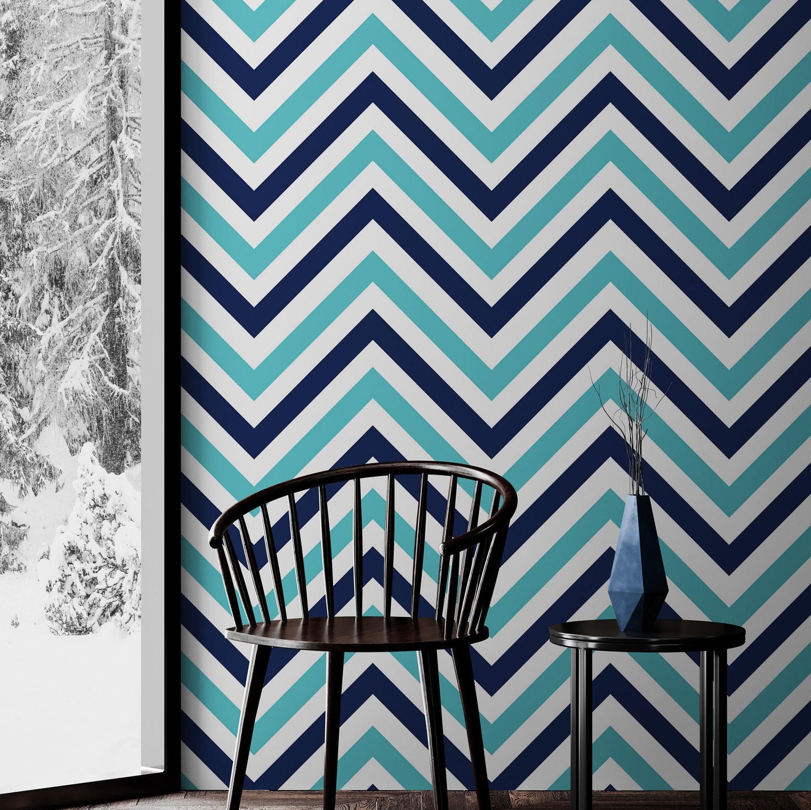 Seaside Chic Decor. Navy Blue and Teal Chevron Pattern Wallpaper. #6222