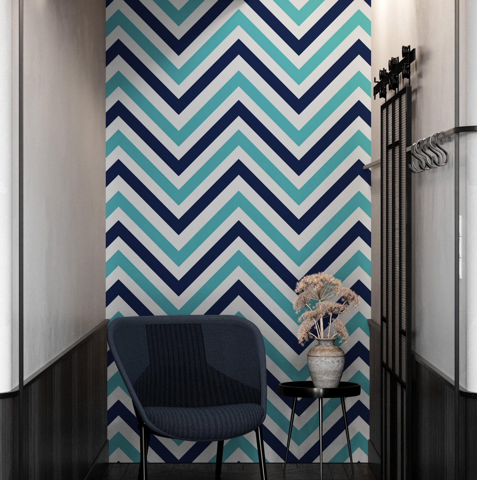 Seaside Chic Decor. Navy Blue and Teal Chevron Pattern Wallpaper. #6222