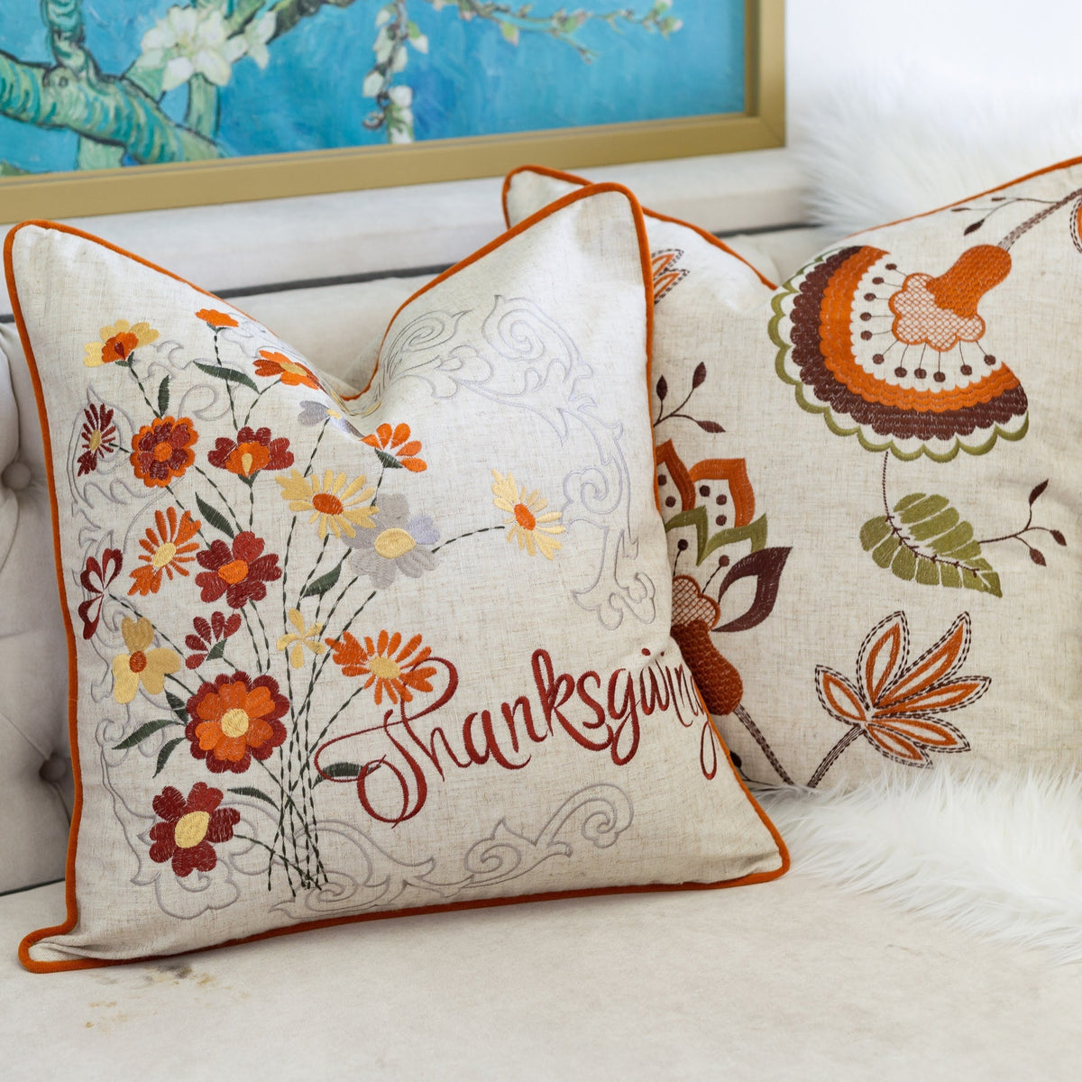 Thanksgiving Embroidered Floral Throw Pillow with Fall Floral Embroidery - Autumn Colors
