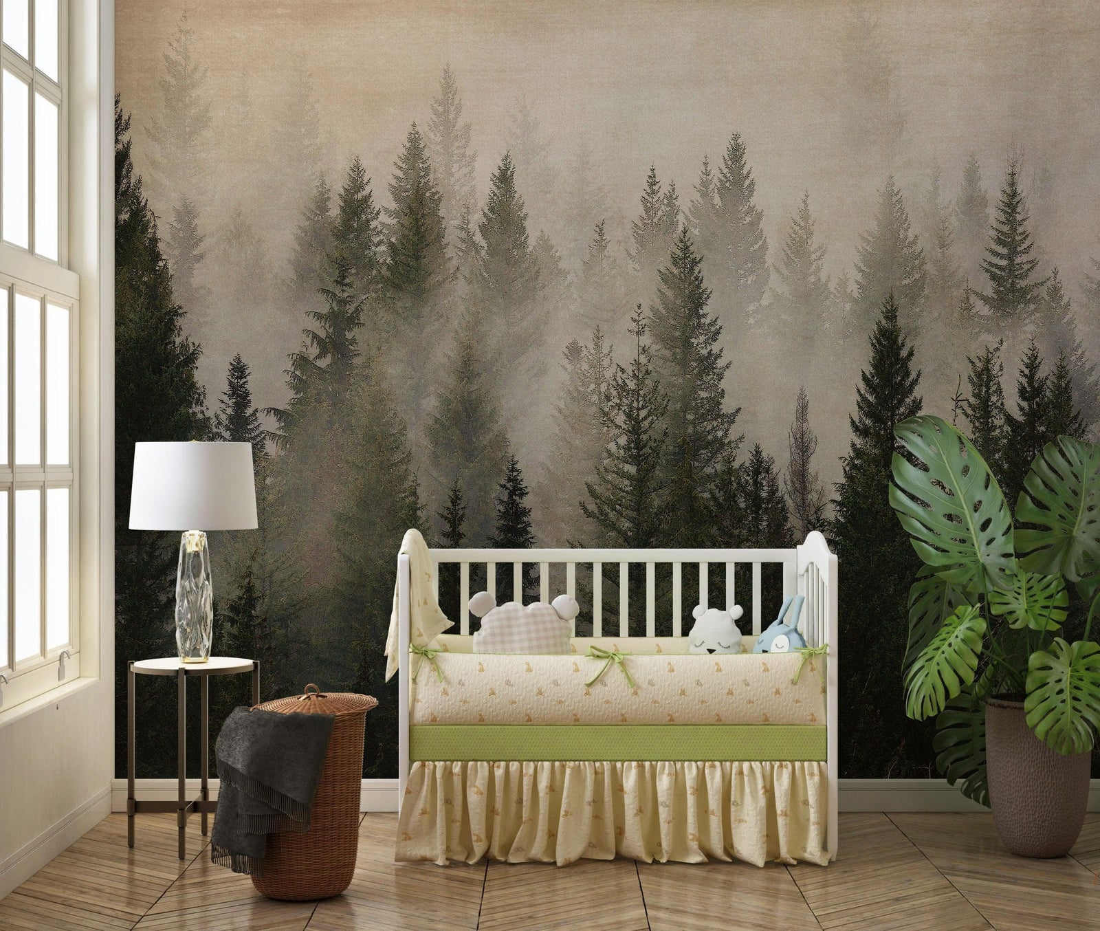 Misty Pine Tree Forest Landscape Wallpaper. Peel and Stick Wall Mural. Self Adhesive Nursery Wall Decor. #6237