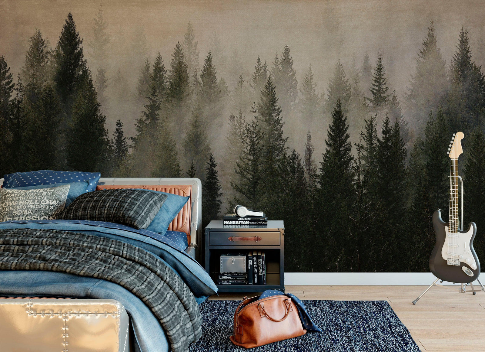 Misty Pine Tree Forest Landscape Wallpaper. Peel and Stick Wall Mural. Self Adhesive Nursery Wall Decor. #6237