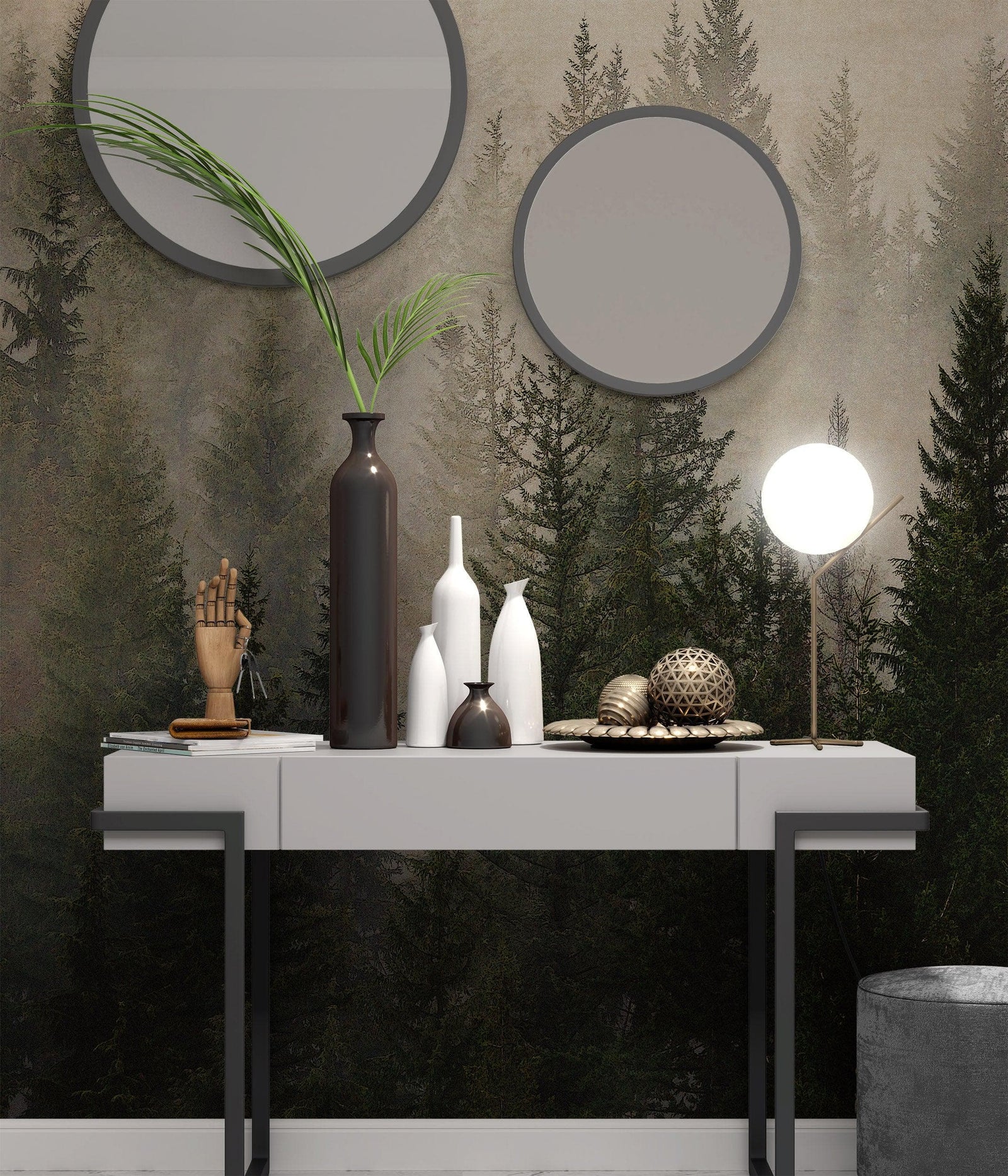 Misty Pine Tree Forest Landscape Wallpaper. Peel and Stick Wall Mural. Self Adhesive Nursery Wall Decor. #6237