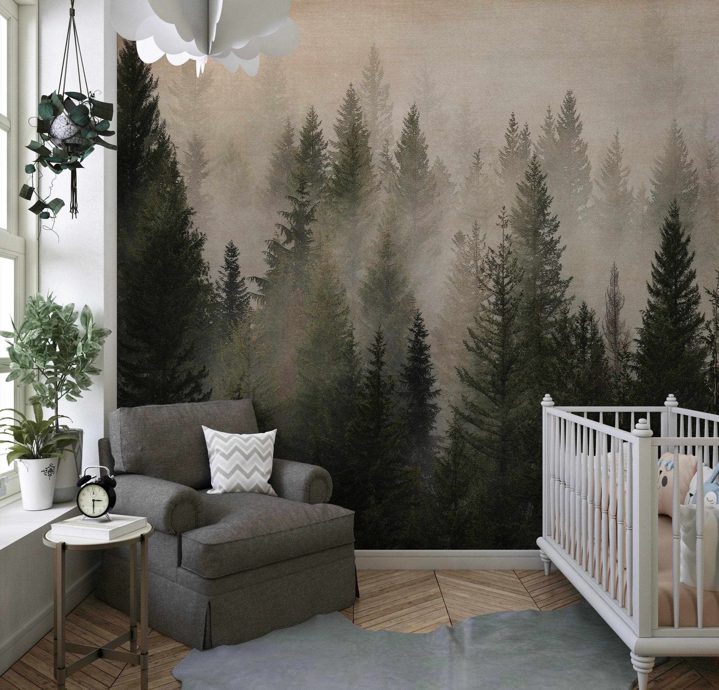 Misty Pine Tree Forest Landscape Wallpaper. Peel and Stick Wall Mural. Self Adhesive Nursery Wall Decor. #6237
