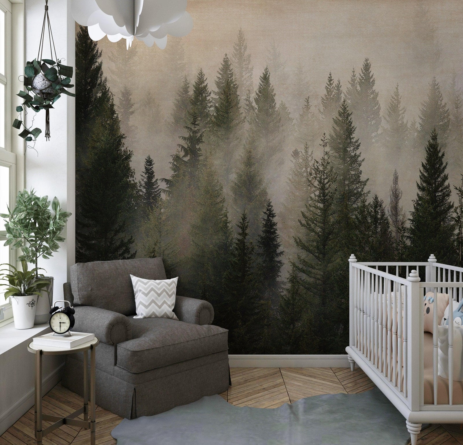 Misty Pine Tree Forest Landscape Wallpaper. Peel and Stick Wall Mural. Self Adhesive Nursery Wall Decor. #6237