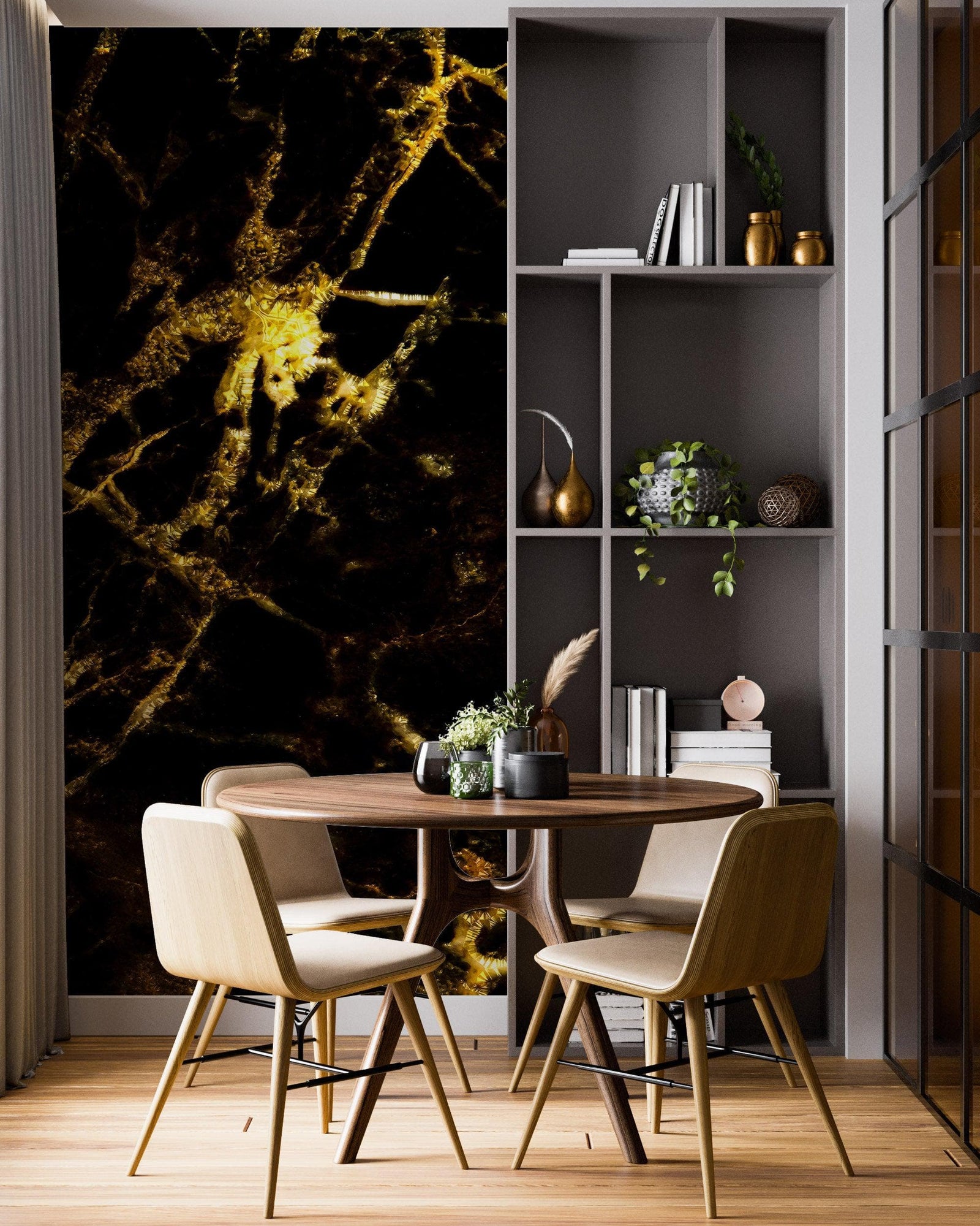 Black and Gold Abstract Marble Stone Peel and Stick Wall Mural. #6239