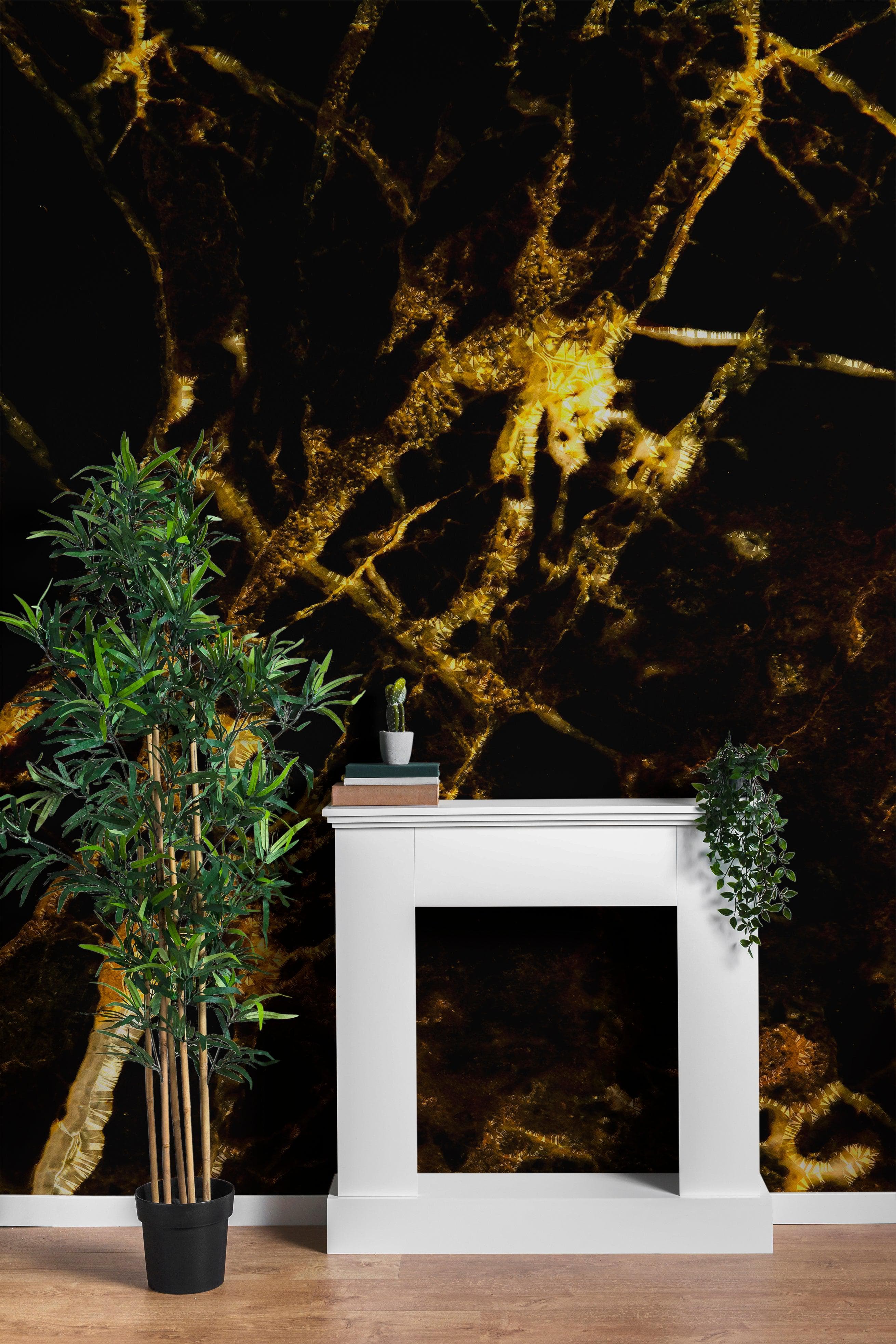 Black and Gold Abstract Marble Stone Peel and Stick Wall Mural. #6239