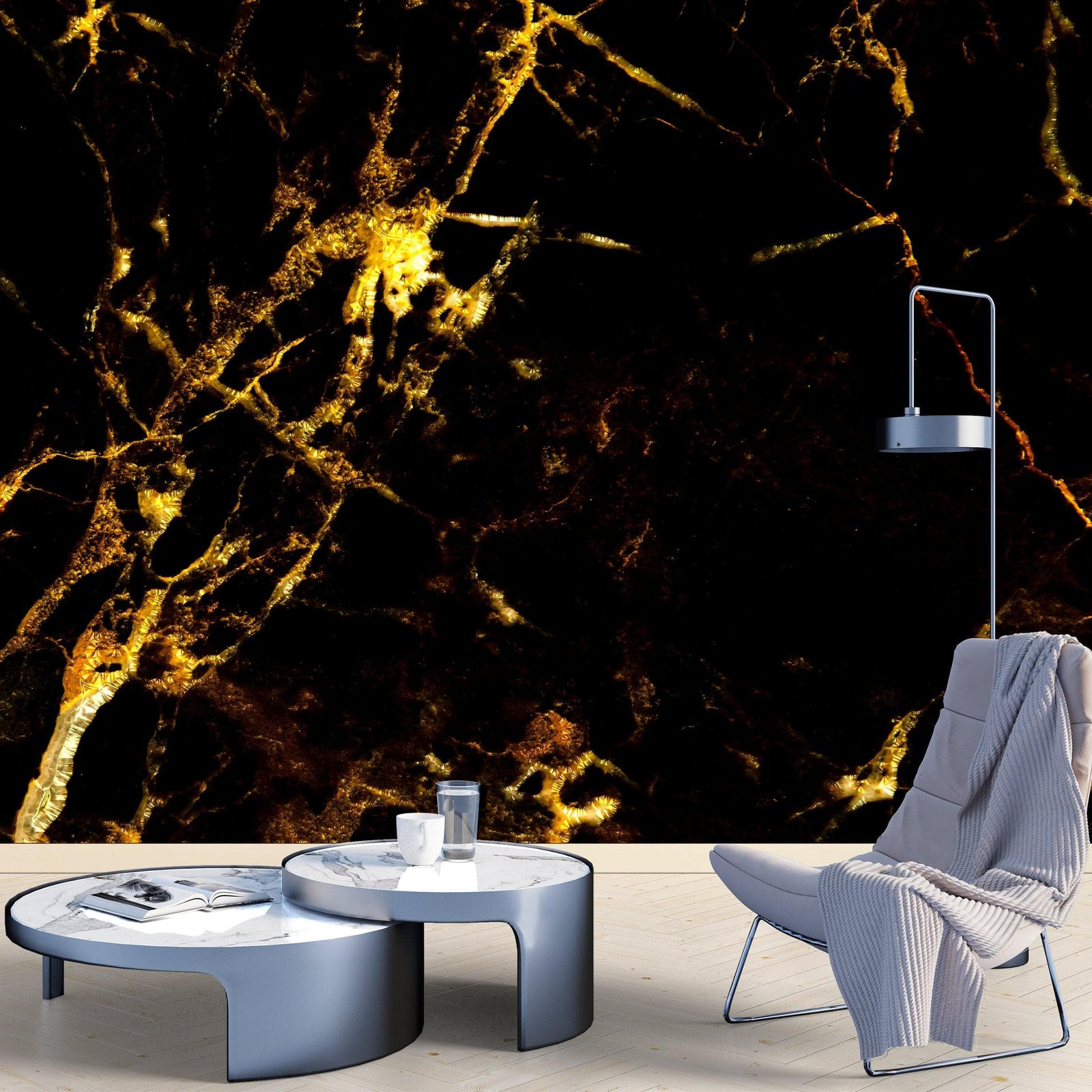 Black and Gold Abstract Marble Stone Peel and Stick Wall Mural. #6239